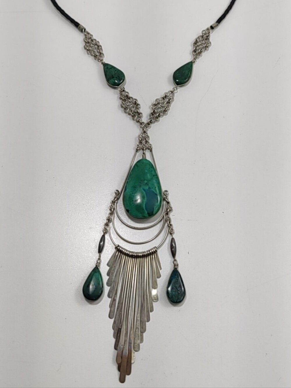 Vintage Genuine Turquoise Silver Tone Leather Boho Statement Necklace